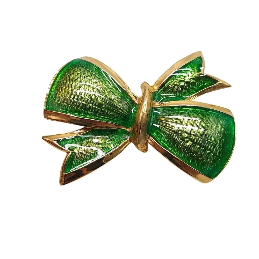 Vintage Green Enamel Bow Brooch Pin Gold-Tone Textured Back